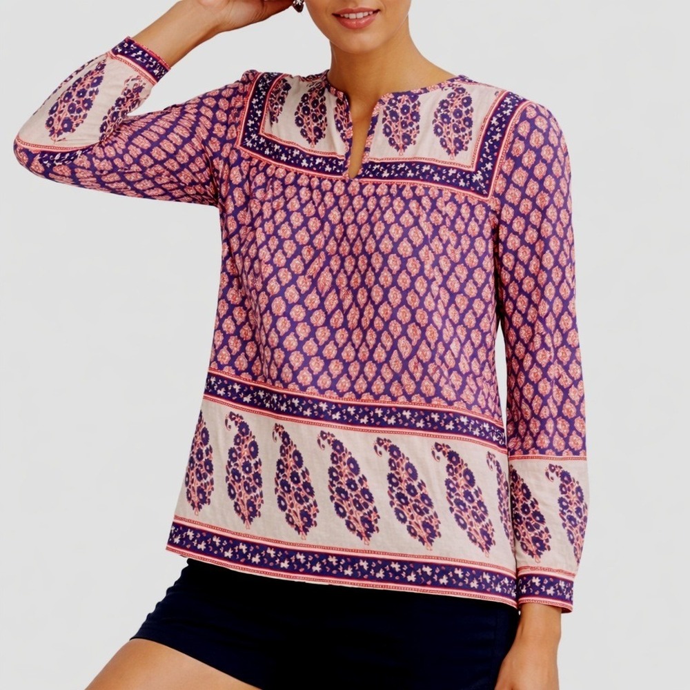 J.Crew French Country Peasant Red White Blue Paisley Top Boho Preppy Size 12